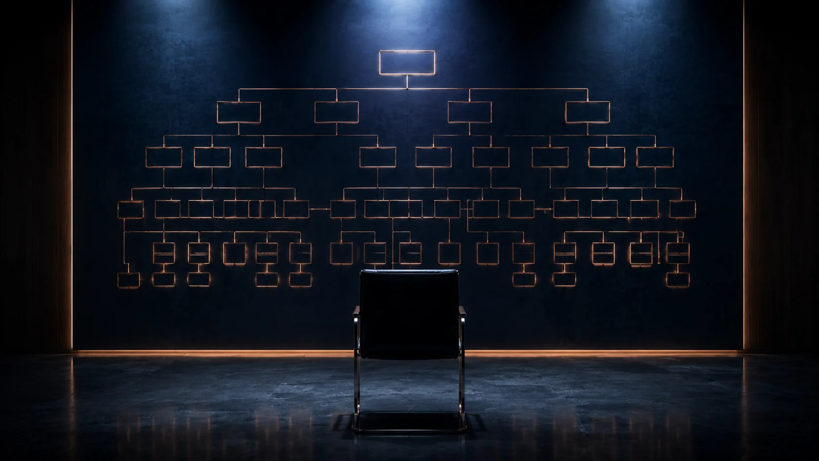Leeres Organigramm an einer Wand — Visualisierung von Attrappen-Governance